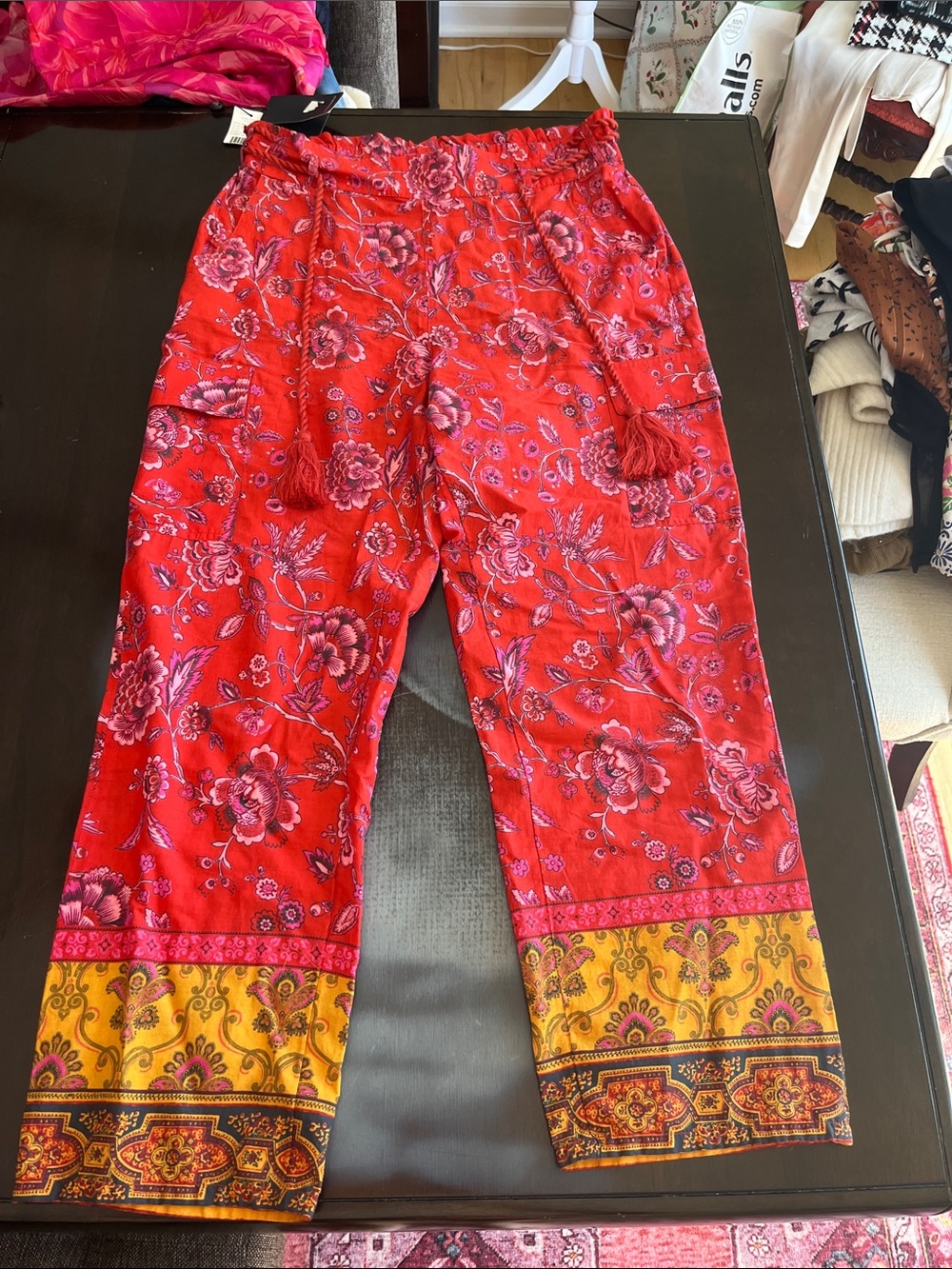 Sundance Red Floral Elastic-Waist Pants with Pink Accents